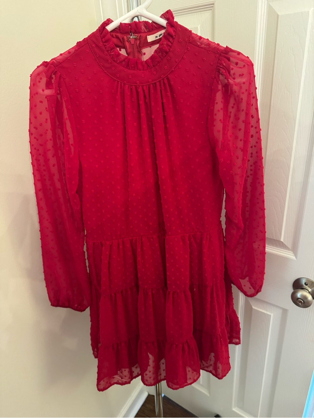 miami Red Swiss Dot Tiered Long-Sleeve Dress